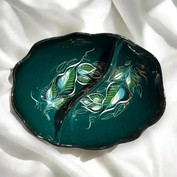 Other - Sascha Brastoff Leaves Pottery Sectioned Forest Green 10” Bowl